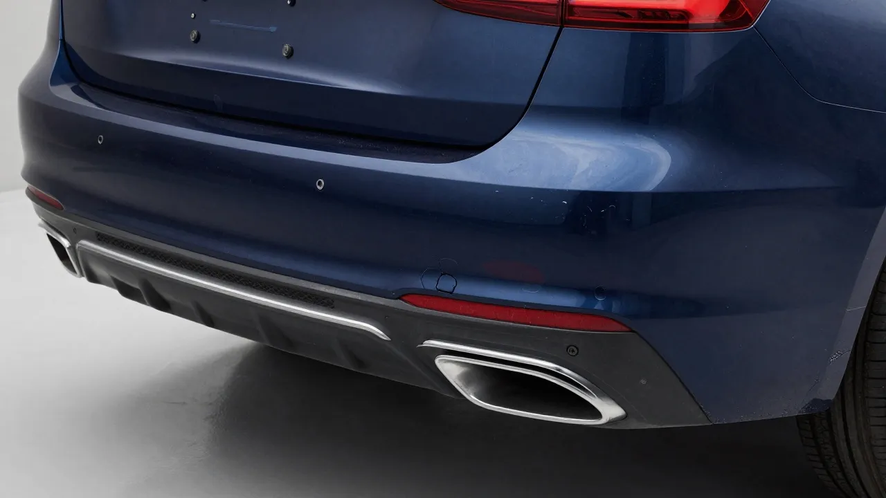 Removed dark blue rear bumper cover showing round parking sensors and a blind spot radar module behind a cracked corner