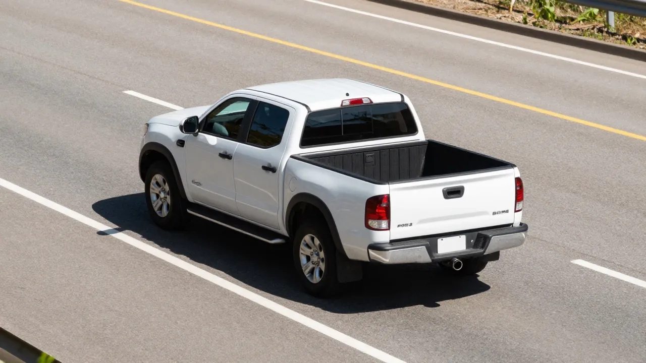 White pickup truck on a dry highway with crisp painted lane lines in bright sun, the road conditions a dynamic calibration drive needs