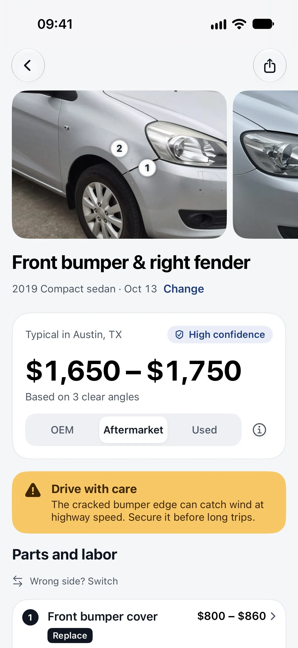 Car Repair Cost app estimate for a front bumper and right fender: typical range with parts and labor lines