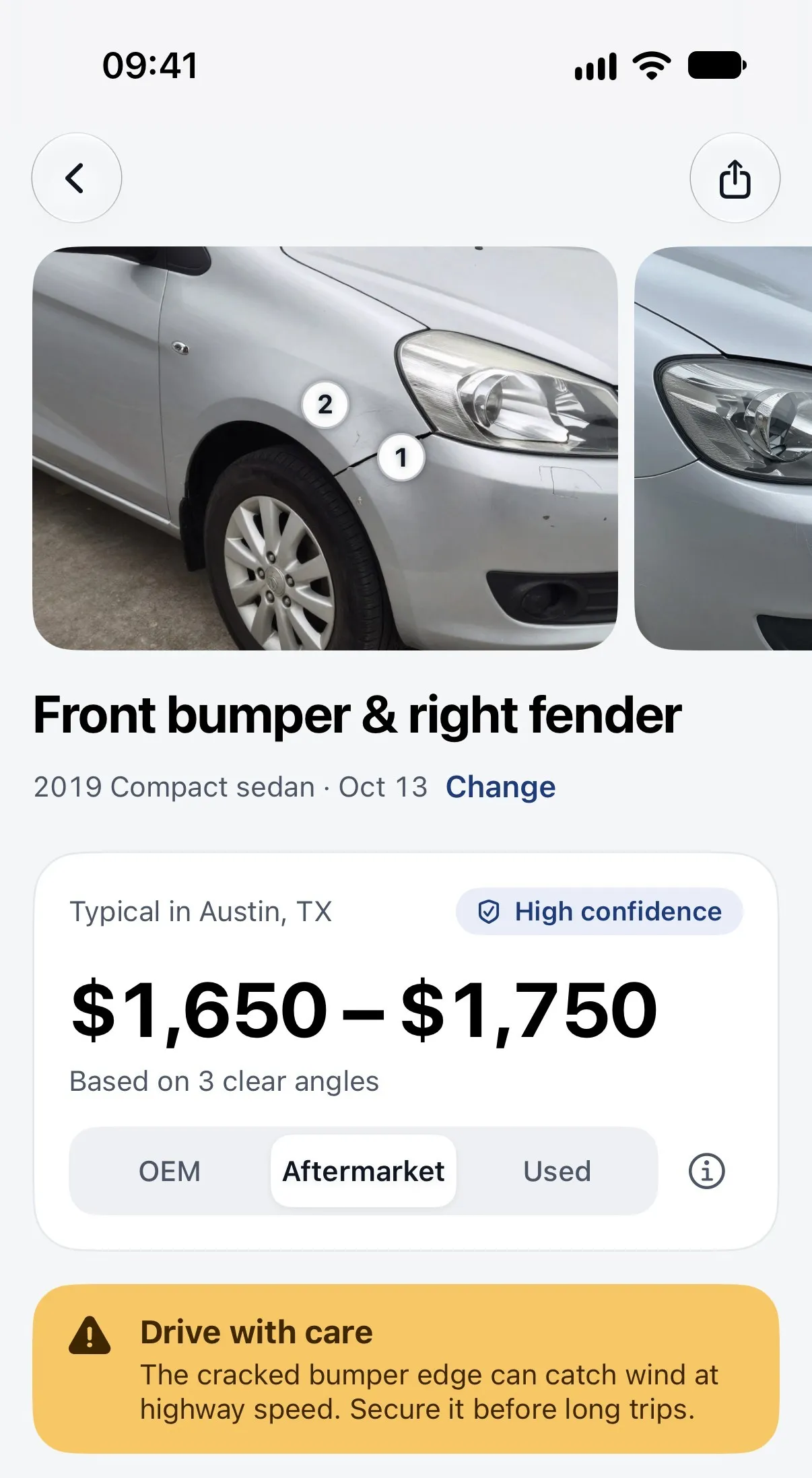Car Repair Cost app result for a front bumper and right fender: damage photos, a typical range of $1,650 to $1,750 in Austin, TX, and OEM, aftermarket and used part options