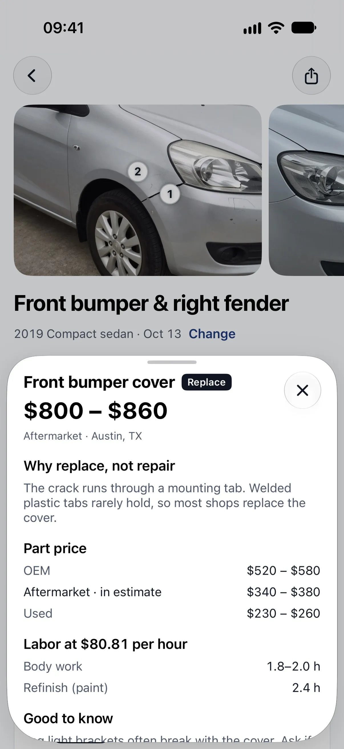 Car Repair Cost app part detail for a front bumper cover: why replace rather than repair, OEM, aftermarket and used part prices, and body and refinish hours