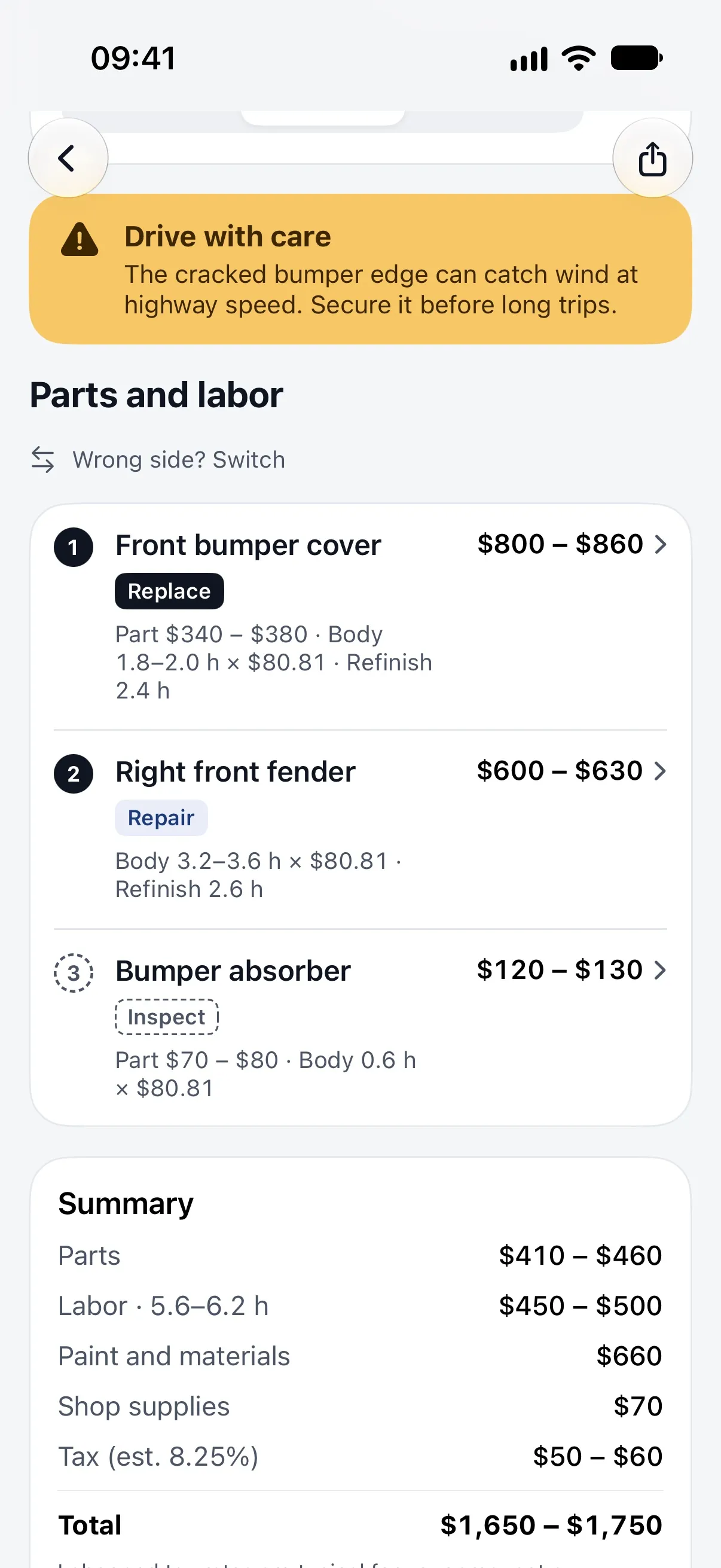 Car Repair Cost app parts and labor screen: front bumper cover replace, right front fender repair and bumper absorber lines with hours, plus a summary of parts, labor, paint and total