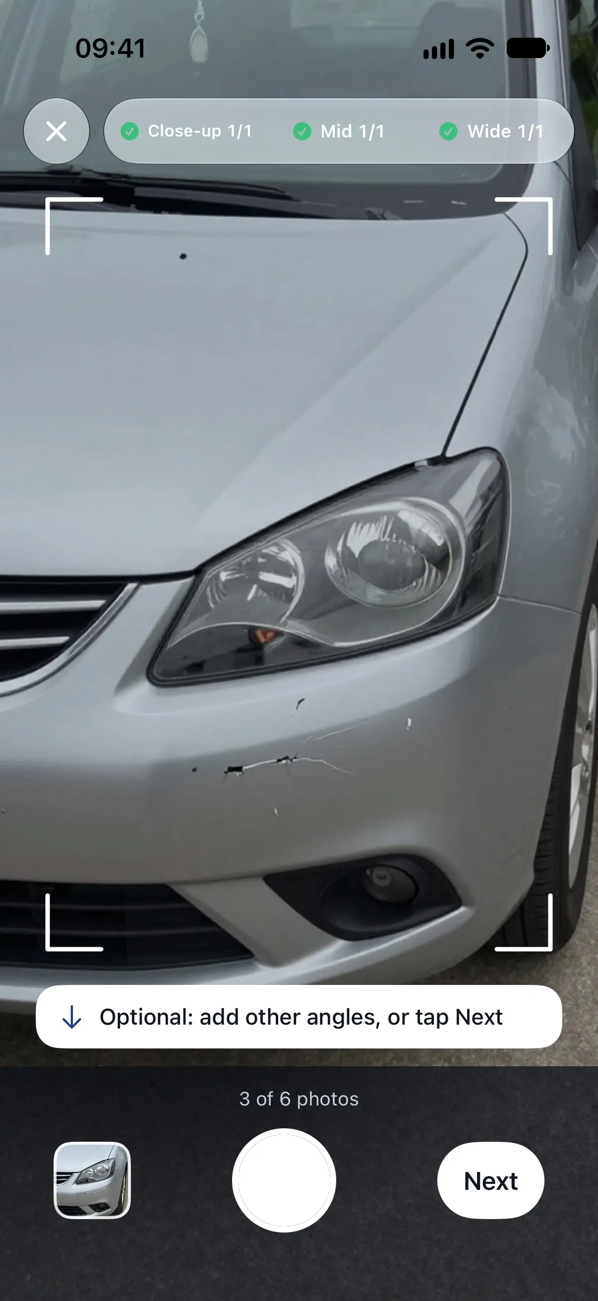 Car Repair Cost app camera screen taking close-up, mid and wide photos of a damaged bumper