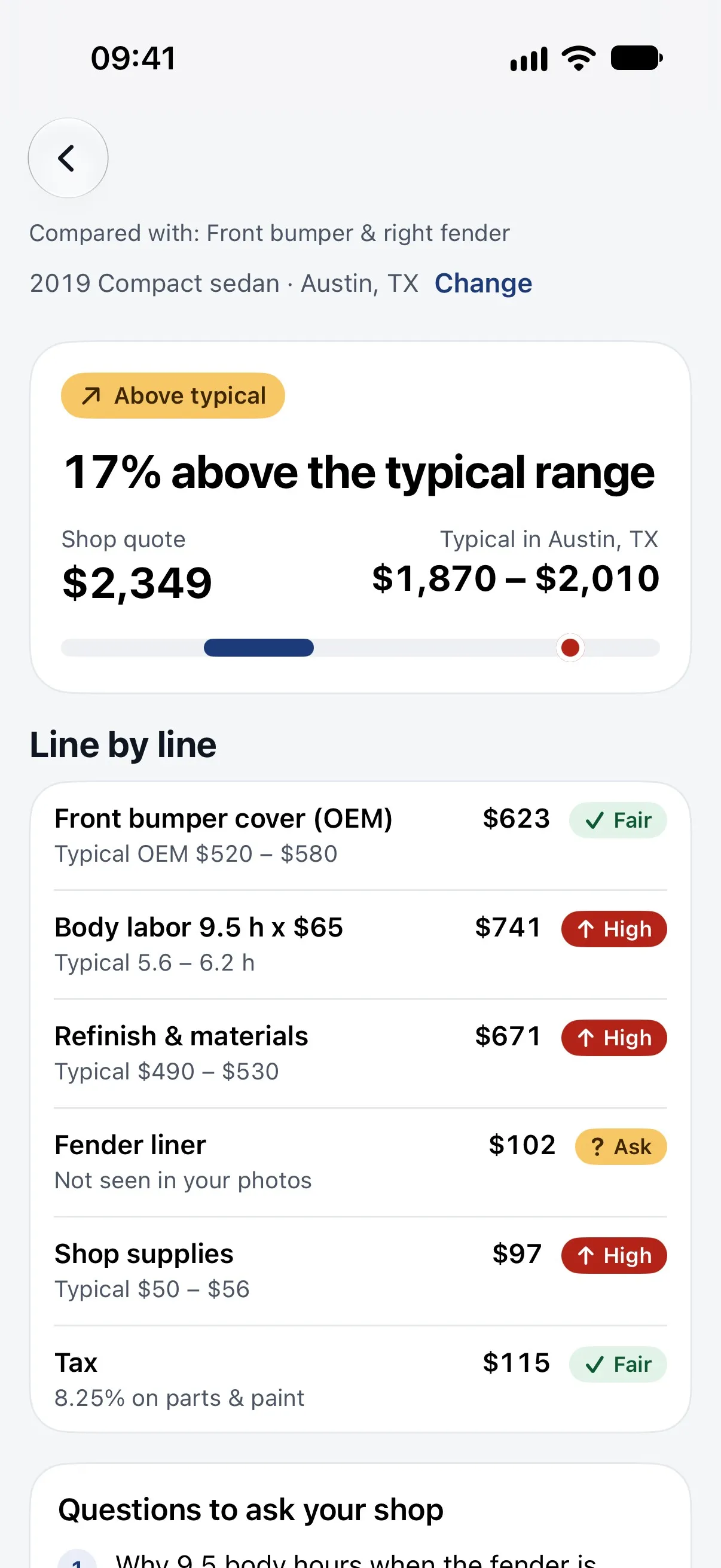 Car Repair Cost app quote check: a shop quote compared with the typical range, each line marked fair or high
