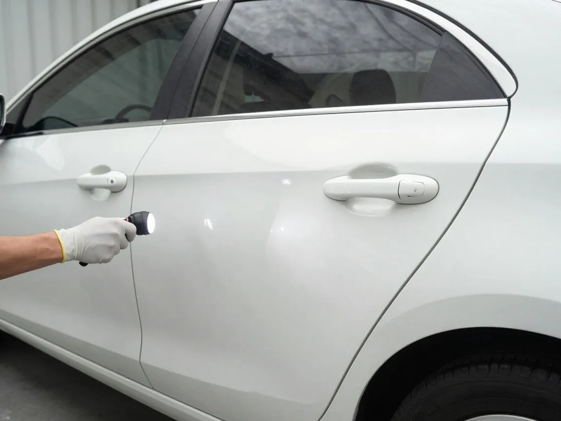 Body shop technician shining a flashlight along a white sedan's rear door to check the panel for dents