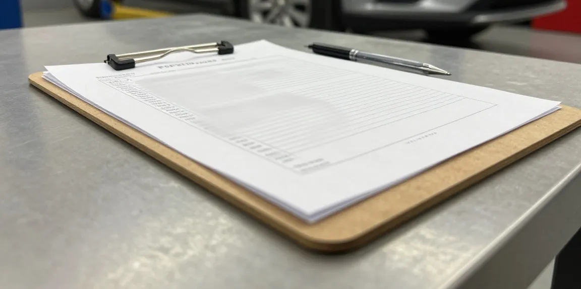 Printed body shop repair estimate on a clipboard on a workbench
