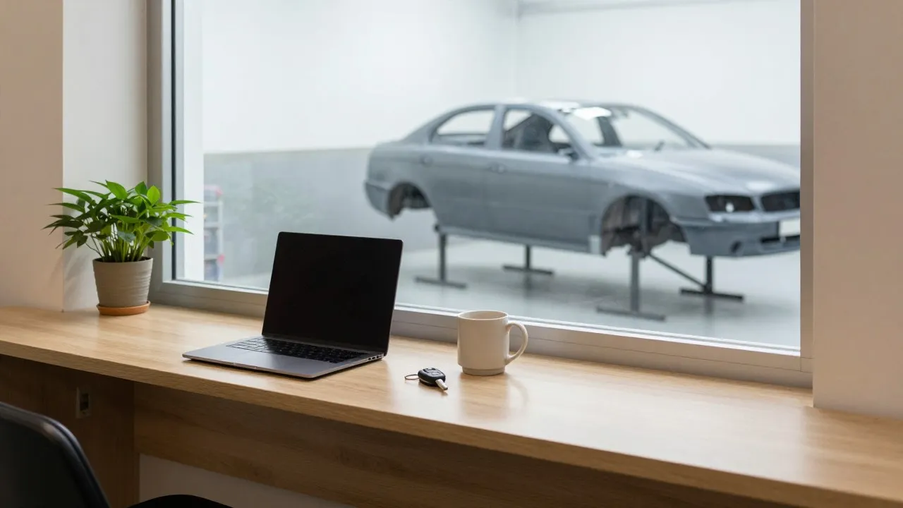 Quiet body shop front counter with a laptop, a coffee mug and a car key, looking into a repair bay through a window