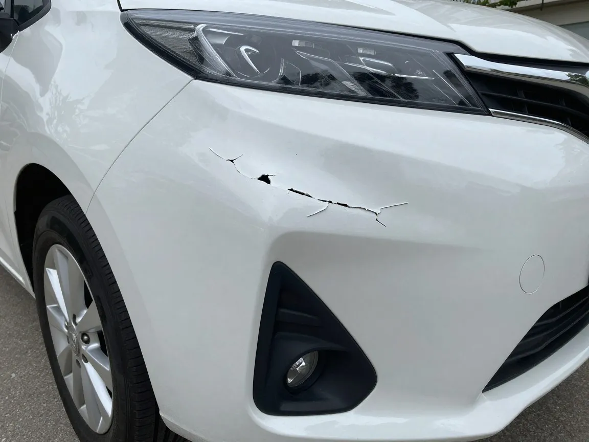 White front bumper cover with a jagged crack in the plastic above the fog light