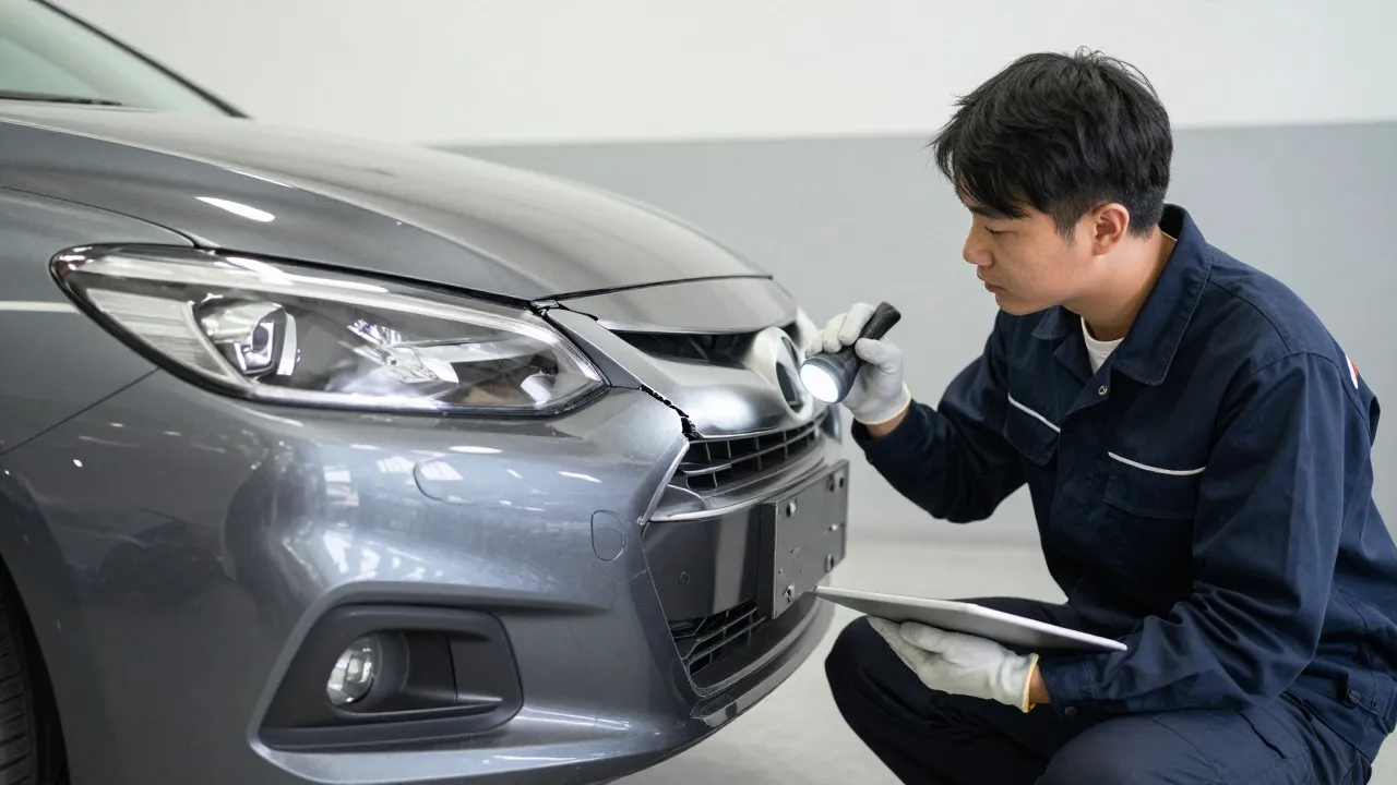 Collision estimator crouching at the front of a gray sedan, shining a flashlight on a crack where the bumper cover meets the grille