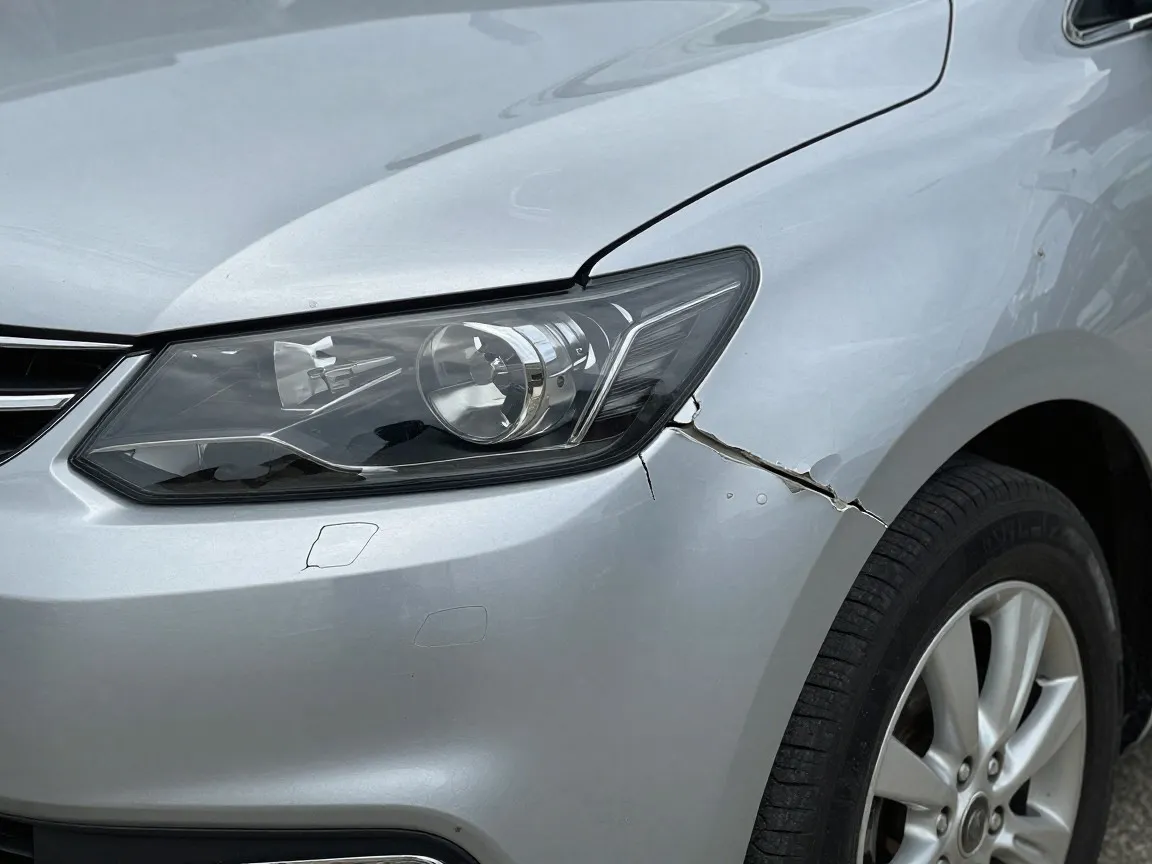 Silver front fender and bumper corner split at the seam behind the headlight after a minor impact