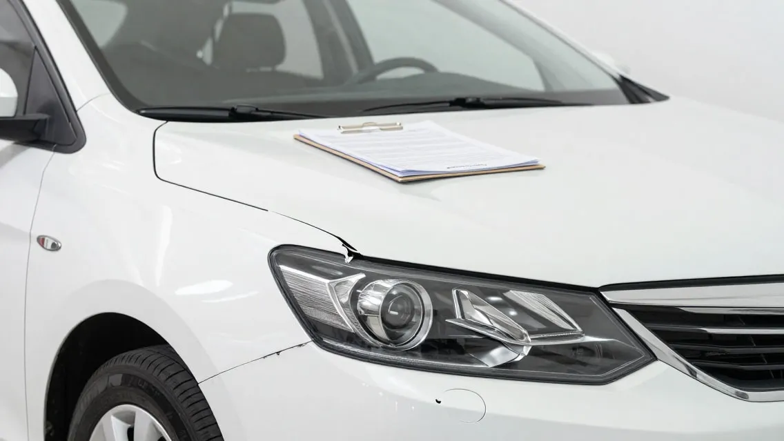 White sedan in a body shop with a printed repair estimate on a clipboard resting on the hood and a split in the paint where the fender meets the headlight