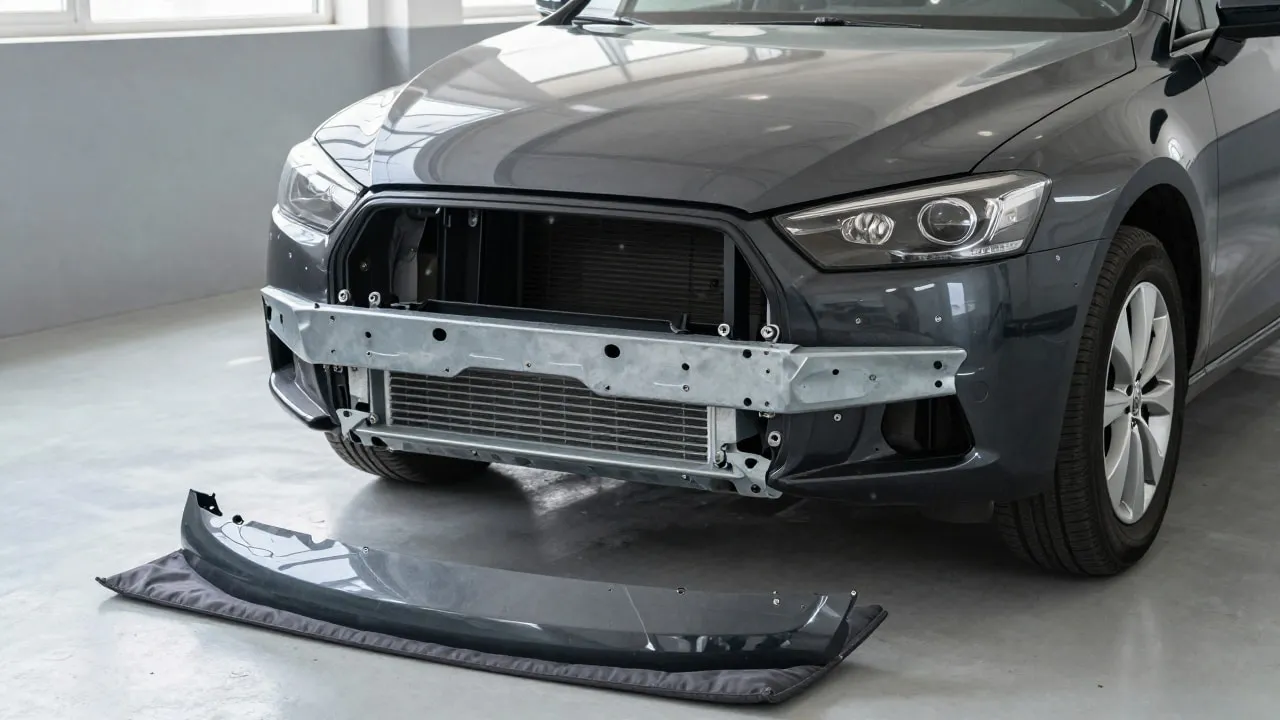 Dark gray sedan in a body shop with its front bumper cover removed and laid on a pad, exposing the steel reinforcement beam and radiator