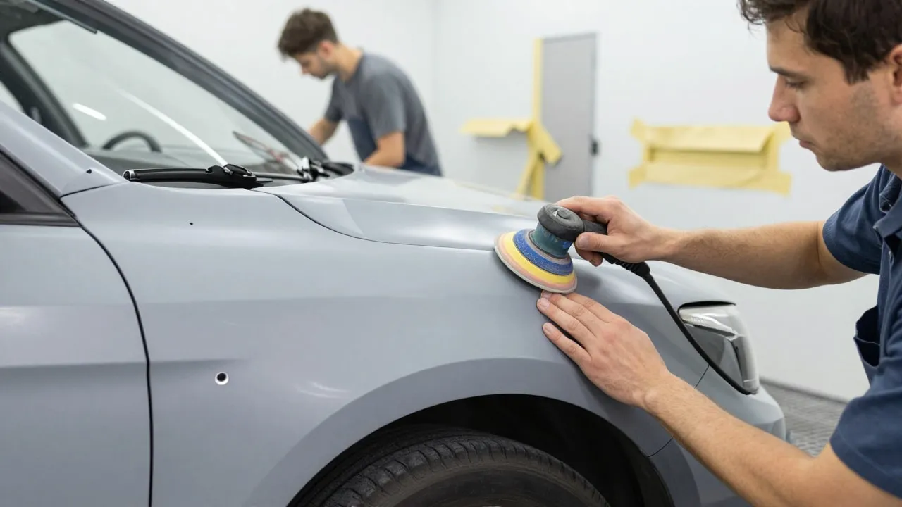 Body shop technician sanding a primed front fender with an orbital sander while a coworker preps the car in the background