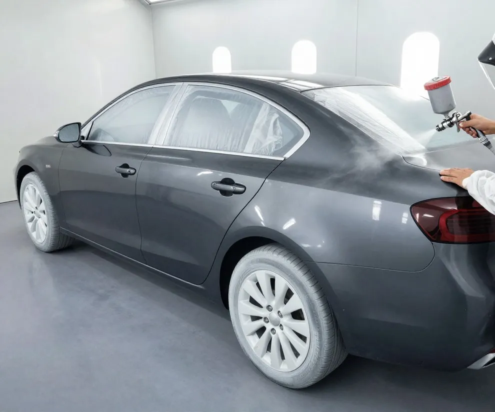 Painter in a protective suit spraying a gray sedan's rear panel inside a paint booth, windows masked