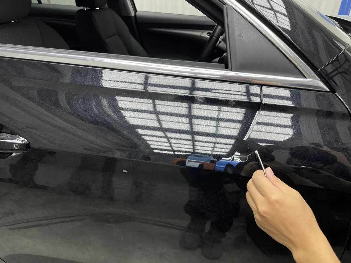 Technician working a steel dent rod on a black car door while reading the reflections in the paint, as in paintless dent repair