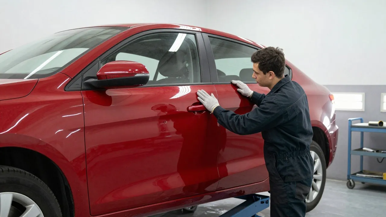 Body shop technician in gloves running his hands over a red car door under shop lights to feel for a small dent